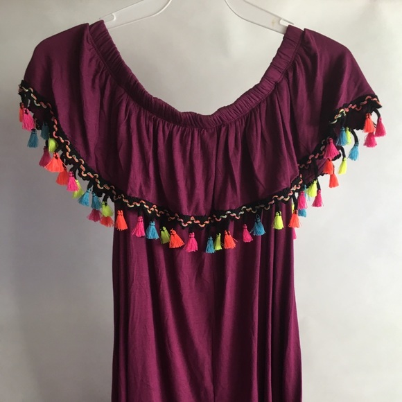 Off shoulder tunic short sleeves tassels magenta - Picture 4 of 6